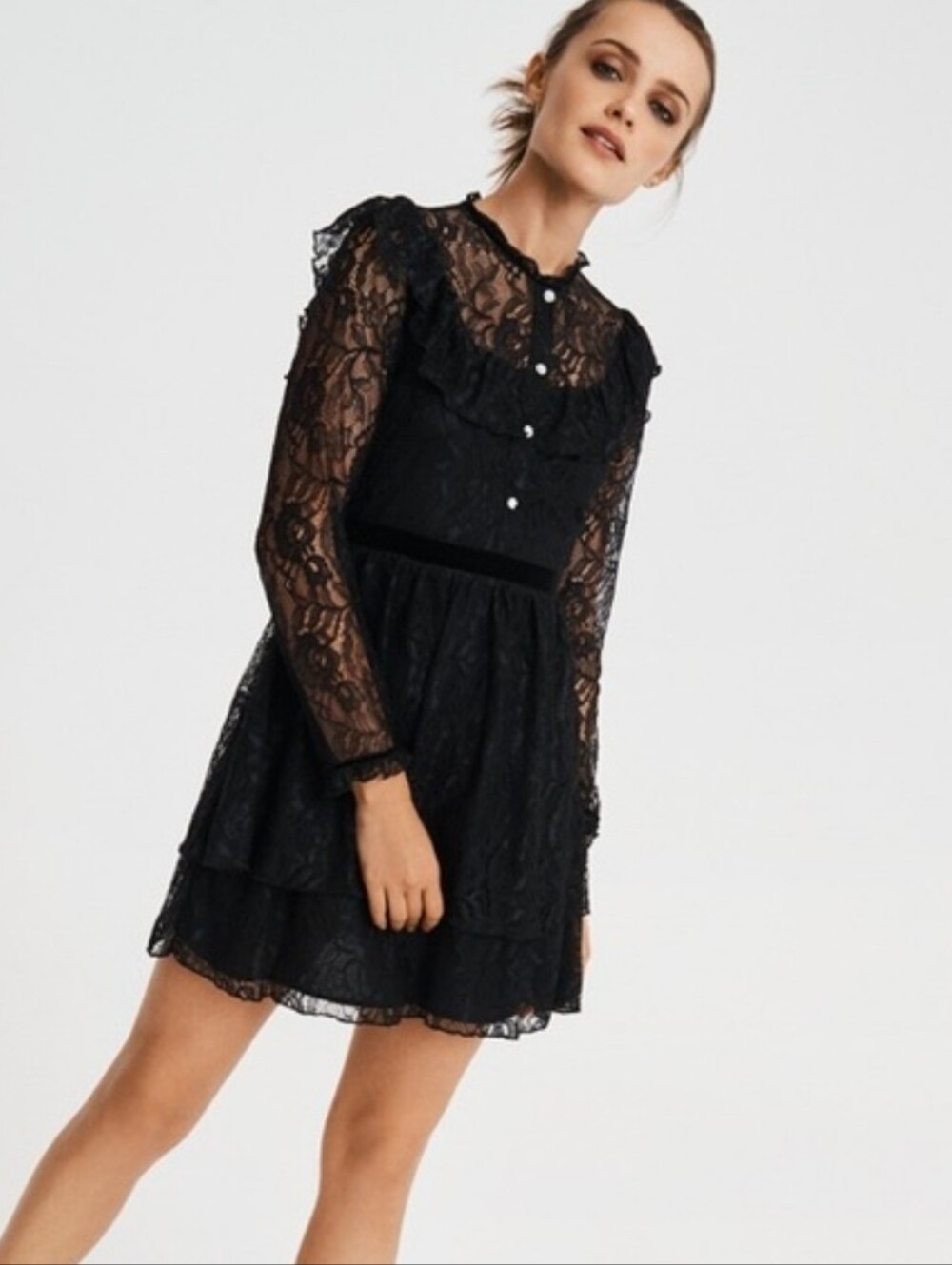 Zara black lace tired ruffle dress with jewel buttons